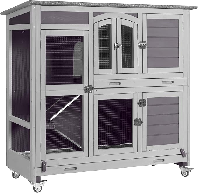 Aivituvin Two Story Rabbit Hutch Bunny Cage with Wheels, Indoor Outdoor Guinea Pig Cage with 2 Deep No Leak Tray