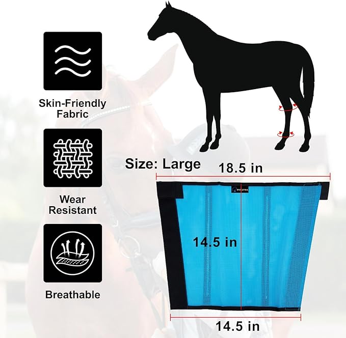 FOXLVDA Horse Fly Boots - Fly Boots for Horses Set of 4, Comfortable Horse Leggings, Mesh Material Design with Metal Support Bars for Reduces Stomping & Leg Fatigue (Blue, Large)