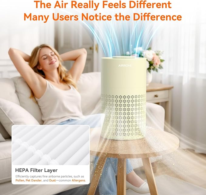 AIRROMI Air Purifier for Bedroom with HEPA Fet Filters, Pet Air Purifiers for Home Cat Pee Smell, Covers Up to 990Ft², Quiet 360° intake Air Cleaner for Allergies Dust Smoke Odor A2001 Yellow