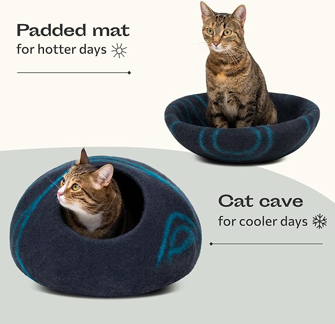 MEOWFIA Cat Cave – Premium Felt Cat Bed for Indoor Cats, Handmade 100% Merino Wool, Cat (Large, Black Aqua) (Pack of 2)