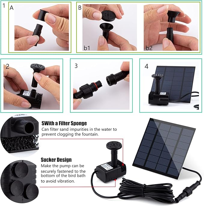 Solar Fountain Pump Kit with Separate Solar Panel, 1.8 W Upgraded Solar Water Pump with 3 M Long Cable & 4 Nozzles Solar Water Fountain for Bird Bath, Outdoor Pond, Patio Garden No Power Storage