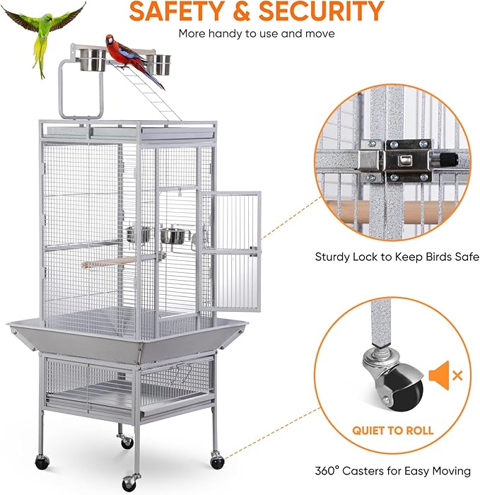 SUPER DEAL PRO 61-inch 2in1 Large Bird Cage with Rolling Stand Playtop Parrot Chinchilla Finch Cage Macaw Conure Cockatiel Cockatoo Pet House Wrought Iron Birdcage, White