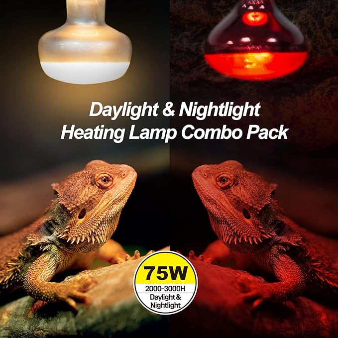 WACOOL 4Pack Reptile Heat Lamp Day & Night Kit 75W, Nature Simulated Basking Daylight & Nightlight UVA Heat Lamp Bulbs for Reptiles & Amphibians