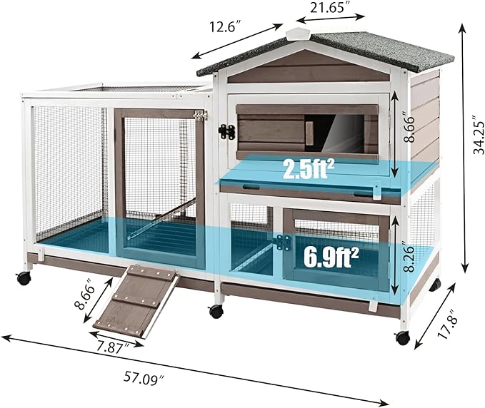 PetsCosset 57" L Rabbit Hutch Indoor Outdoor 2 Story Large Bunny Hutch with Run Guinea Pig Cage Wooden Rabbit Cage with Removable 3 Pull Out Trays Pet House for Small-Medium Animals