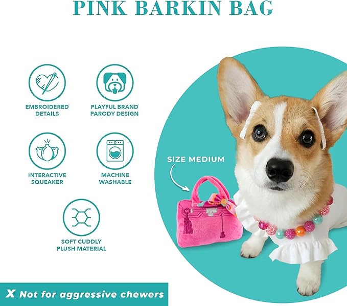 Haute Diggity Dog Barkin Bag with Scarf, Plush Designer Dog Toys with Interactive Squeaker, Stimulating Pet Enrichment, Machine-Washable & Safe Materials for All Breeds, Size Medium