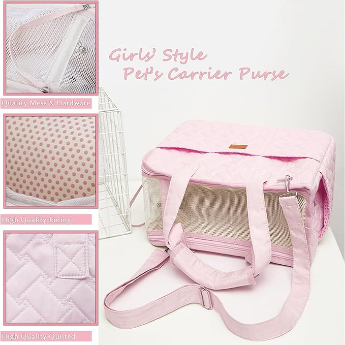 Small Puppy Purse Woman Bag,Cats/Puppy/Rabbits/BunnyCarrier Handbag with Multiple Pockets,Breathable Mesh Soft Cushion,Pets Travel Carriers Totes Picnic Outdoor 7-15lbs (Pink, Large)