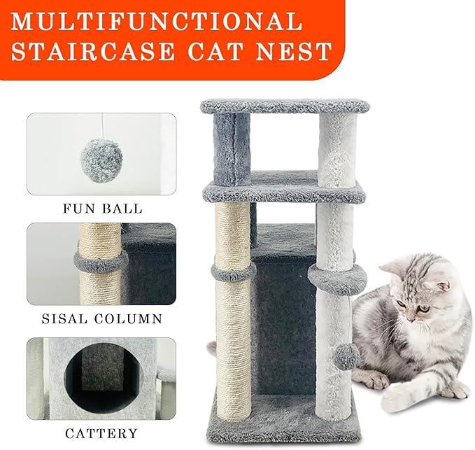 25.6in Cat Tree Tower, Cat Condo with Sisal-Covered Scratching Posts, Cat House Activity Center Furniture for Kittens, Cats and Pets - Dark Gray ﻿
