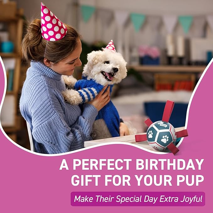 QDAN Small Dog Toys, Outdoor Indoor Toys to Keep Them Busy, Soccer Ball with Straps, Puppy Birthday Gifts, Dog Water Toy, Durable Puppy Balls（5 Inch）