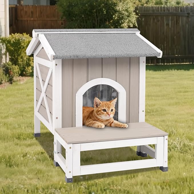 Small Outdoor Cat House Weatherproof, Wooden Cat House with Openable Roof, 2 Doors, Balcony, Outside Indoor Pet Feral Cats Houses Shelter with Elevated Feet for Small Animals, Grey