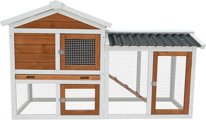 58" Wooden Outdoor Indoor Roof Waterproof Bunny Hutch Rabbit Cage Guinea Pig Coop PET House for Small to Medium Animals with Stairs and Cleaning Tray