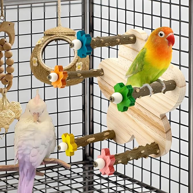 Parakeet Toys, Natural Wood Perch with 5 Branches, Unique Durable Bird Cage Accessories for Parakeets, Cockatiels, Budgerigars, Conures, Lovebirds