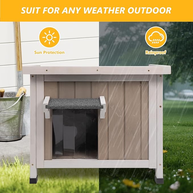 22.44" L Cat House,Feral Cat Shelter for Kittens,Outdoor Weatherproof Cat Enclosure with Openable Asphalt Roof & 2 Escape Doors for Small Cats,Suit for 1-2 Cat,Grey