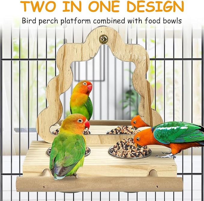 Tfwadmx Bird Parrot Wooden Feeding Cups Small Bird Feeding Dish Cups Stainless Steel Birds Bowls Food Water Bowls with Food Holder for Cockatiel Parakeet Macaw Finches Lovebirds