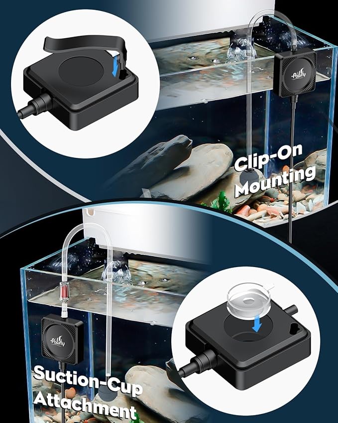 Pawfly Mini Aquarium Air Pump, Ultra Quiet Oxygen Aerator Kit for 1-15 Gallon Fish Tanks with Air Tubing, Air Stone, Check Valve & Suction Cups