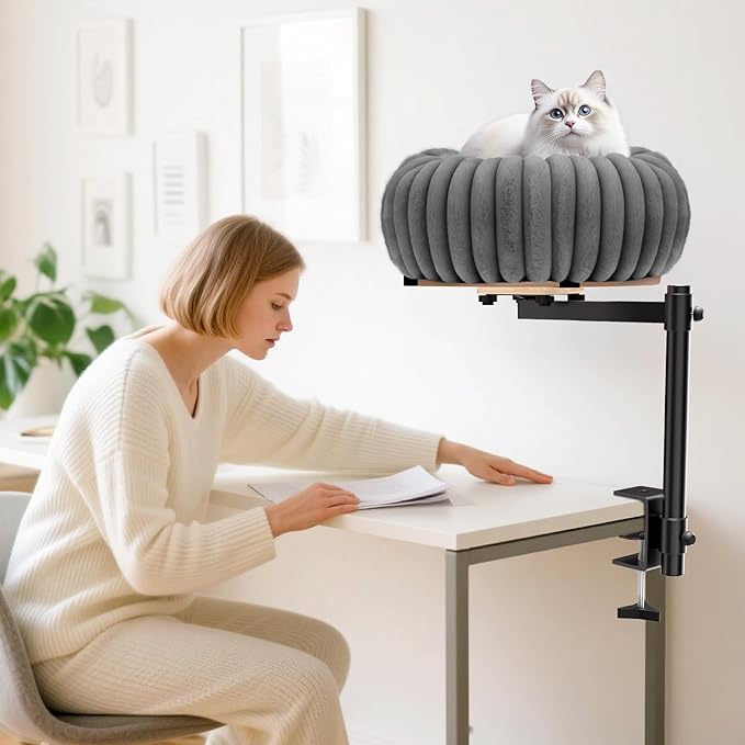 360° Rotating Cat Bed for Desk, 19.68'' Cat Hammock for Table, Up/Down Mount Perch (10'' Height Range) Washable Plush Pad, Sturdy 50lbs Metal Frame, Home Office Mount Cats Nest
