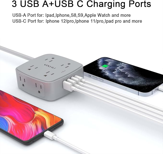 6 Ft Surge Protector Power Strip - 8 Widely Outlets with 4 USB Ports, 3 Side Outlet Extender with 6 Feet Extension Cord, Flat Plug, Wall Mount, Desk USB Charging Station, ETL, Grey