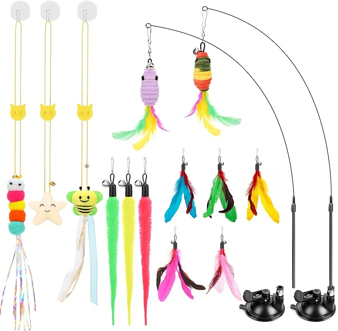 Interactive Cat Toys, 15PCS Cat Wand and Feather Toys for Indoor Cats, Reusable Suction Cup Toys for Kittens Play Exercise (Suction Model)
