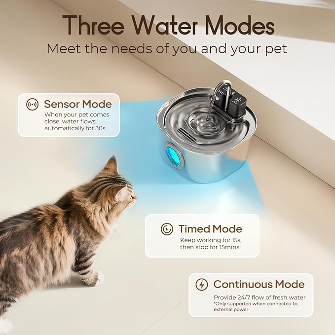 Voluas Cat Water Fountain Stainless Steel: 108oz/3.2L Wireless Cat Fountain Battery Operated for Drinking Indoor, Automatic Pet Water Dispenser Bowl with Ultra Quiet Pump, Easy Clean BPA-Free