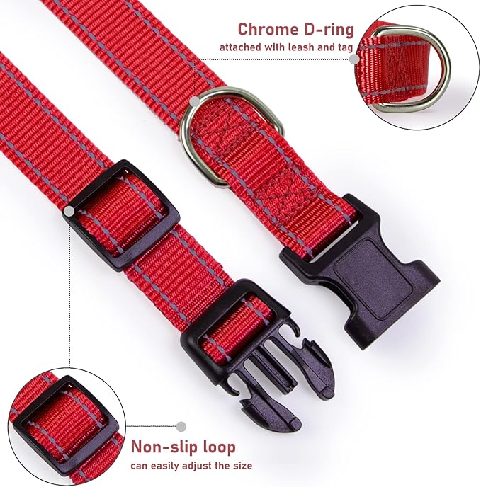 Reflective Dog Collar with Buckle Adjustable Safety Nylon Collars for Small Medium Large Dogs, Red XS