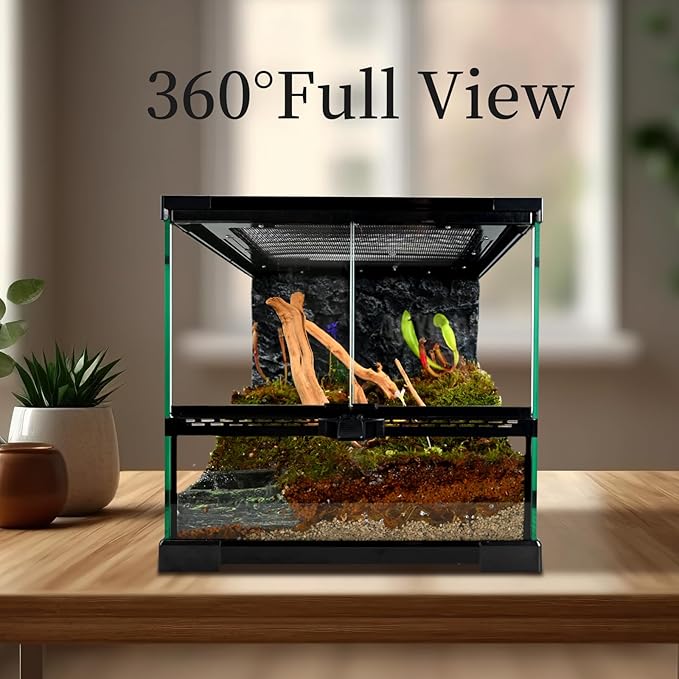 Reptile Glass Tank 12"*12"*12" Terrarium Habitat with Double Hinge Door and Top Screen Ventilation for Bearded Dragon,Lizard,Leopard Gecko,Snake,Hermit Crab with Carpet and Hygrothermograph
