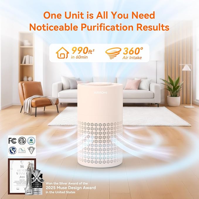 AIRROMI Air Purifier for Bedroom with HEPA 3-in-1 Filter, Pet Air Purifier for Home Cat Pee Smell, Covers Upto 990 Ft², Quiet 360°intake Air Cleaner for pet hair,allergies,Dust,Smoke A2001 Orange