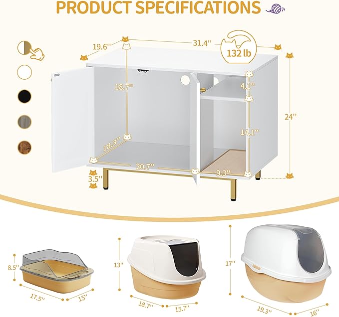 Cat Litter Box Enclosure Enclosed, Hidden Litter Box Cabinet Furniture with Storage, Wooden Indoor Cat House Large, Modern End Table for Living Room Entryway, White and Gold 01503GCLB