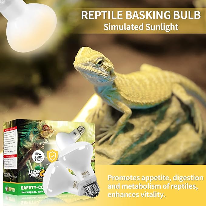 LUCKY HERP New Upgrade 50W Reptile Heat Lamp Bulb (3rd Gen, Safer), Amphibian Basking Spot Light Bulb, UVA Reptile Daylight Bulb for Turtle, Bearded Dragon, Lizard Heating Use (2 Pack)