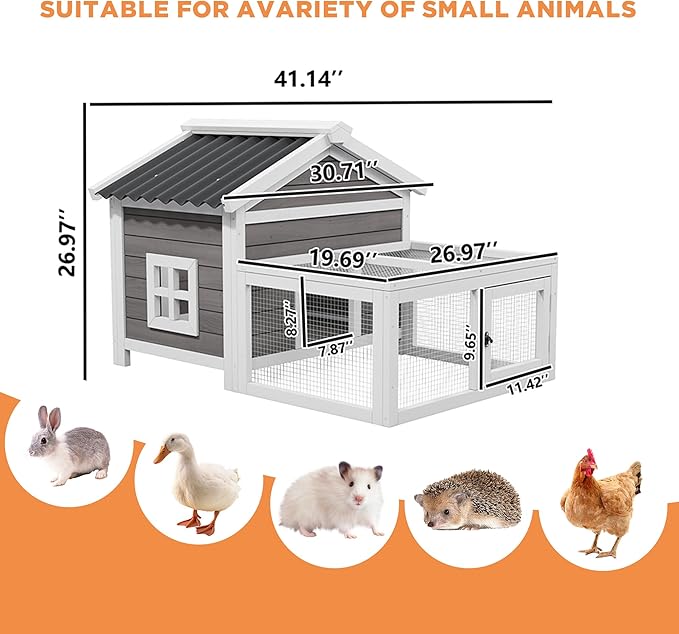 Rabbit Hutch Chicken Coop Outdoor Woden Small Animal Cage with Ventilated Wire Run, Weatherproof for Quail, Bunnies, Guinea Pigs