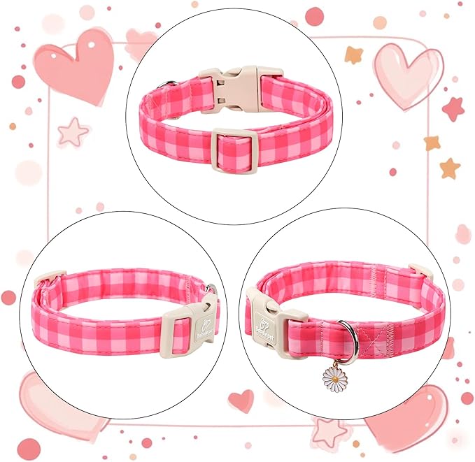 Girl Dog Collar for Giant Large Dogs - Cute Pink Plaid Puppy Collar, Soft Adjustable Spring Summer Female Dog Collars with Quick Release Buckle XL