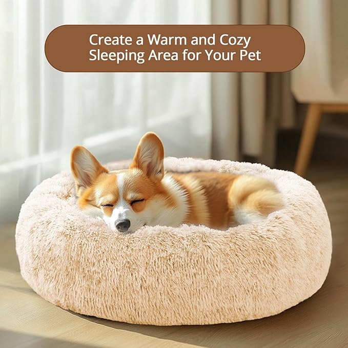 JOLLYVOGUE Calming Dog & Cat Bed for Small Dogs, Anti-Anxiety Donut Cuddler Cozy Soft Round Bed with Anti-Slip Bottom, Fluffy Faux Fur Plush Cushion Beds for Small Medium Dogs (20")