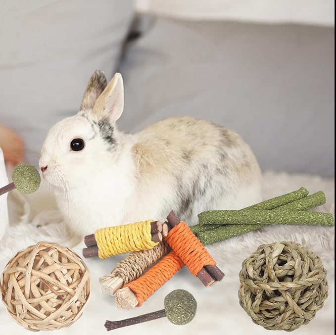 Rabbit Toys Bunny Toys 26Pcs Natural Timothy Hay Sticks Apple Wood Sticks Handmade for Guinea Pig Hamster Rat Chinchilla