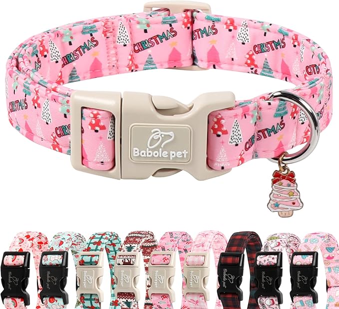 Christmas Dog Collar for Medium Dogs - Cute Xmas Tree Print Pink Christmas Collars for Dogs, Soft Adjustable Winter Holiday Dog Collars with Quick Release Buckle M