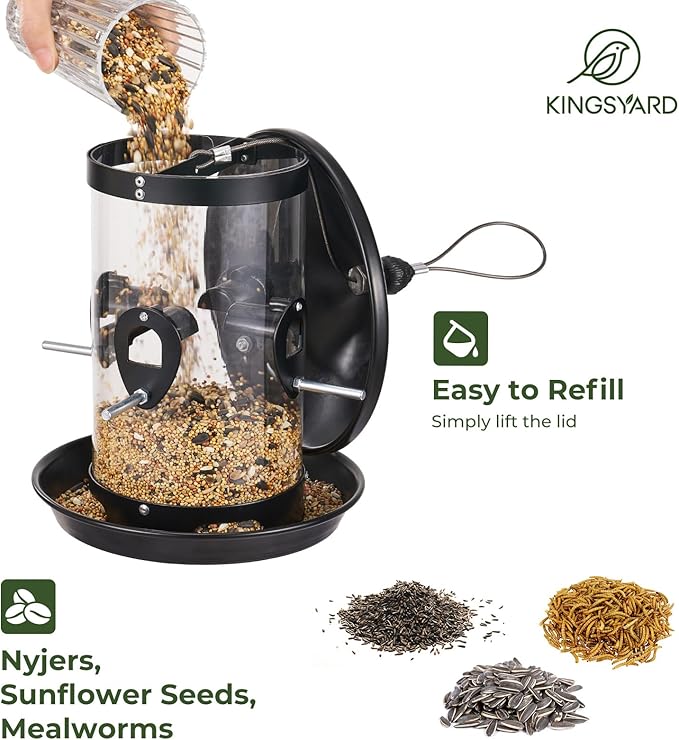Kingsyard 4.5 lbs Large Metal Bird Feeders for Outdoors Hanging with 8 Ports, Tube Bird Feeder with Seed Tray, Weatherproof Squirrel Proof Roof for Cardinal Finch, Black