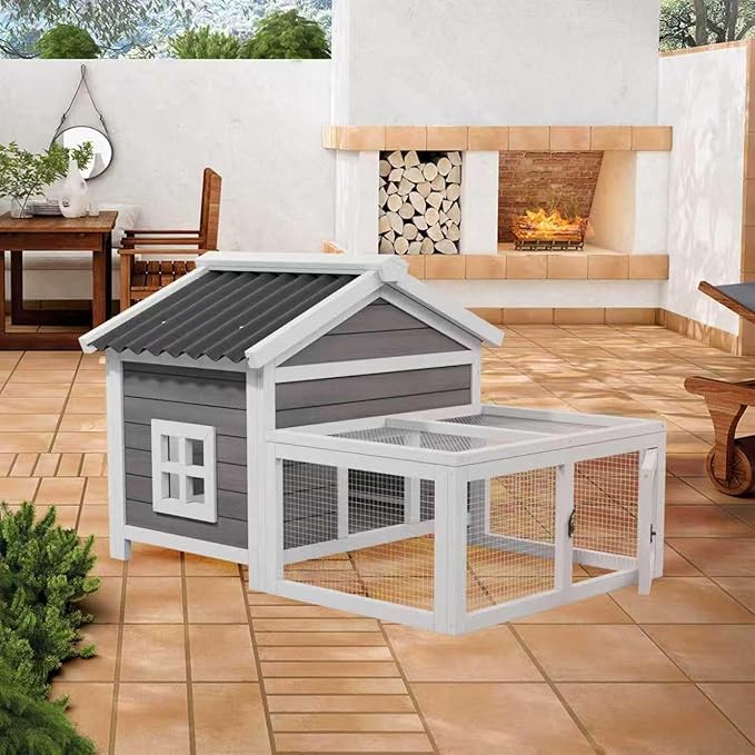 Wooden Rabbit Hutch Indoor and Outdoor,Chicken Coop,Bunny Cage Rabbit House with Waterproof Roof,Windows and Ventilation Door for Quails Ducks Guinea Pigs (White+Black)