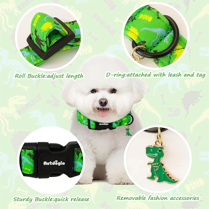 Dinosaur Dog Collar，Green with Multicolor Dino Pattern Handmade Cotton Collar for Small Medium Large Dogs, Adjustable & Comfortable Puppy Collar for Daily Walks, Park Adventures or Photos-XS
