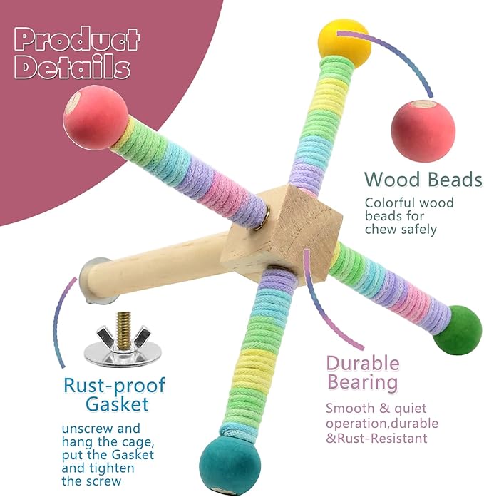 Upgraded Parrot Perch Toy,Rotating Bird Perch Stand with Chew Ball Toy for Small&Medium Birds,Bird Cage Accessories for Parakeets Cockatiels Lovebirds Conures Finches Budgies (Rainbow Colors)