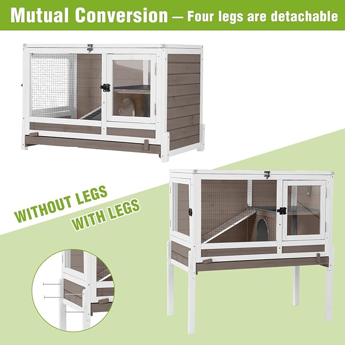 Indoor Rabbit Hutch Guinea Pig Cages with Chew-Proof Ramp, 2-Story Wooden Bunny House with Pull-Out Tray & Leakproof PVC Layer, Small Animal Cage with Detachable Legs (Brown)