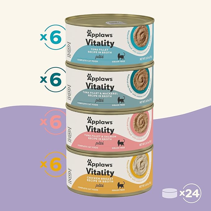 Applaws Vitality Wet Cat Food Paté, Natural Cat Food with Added Vitamins & Minerals, Grain-Free, Carrageenan Free, Variety Selection (24 Count, 2.47 oz Cans)