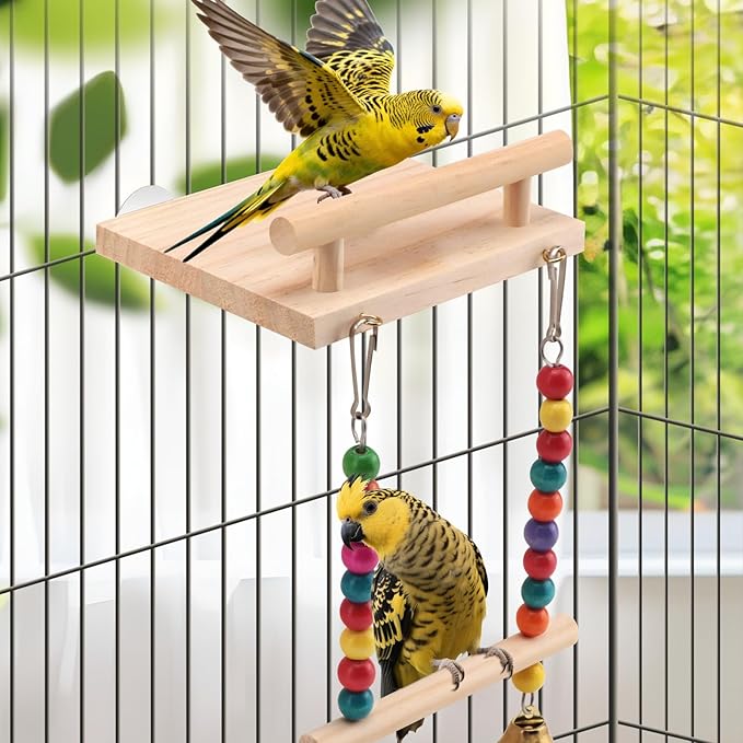 Natural Wood Bird Perch Swing - Cage Platform for Budgies, Cockatiels, Parakeets & Small Birds - Adjustable Play Rest Gym