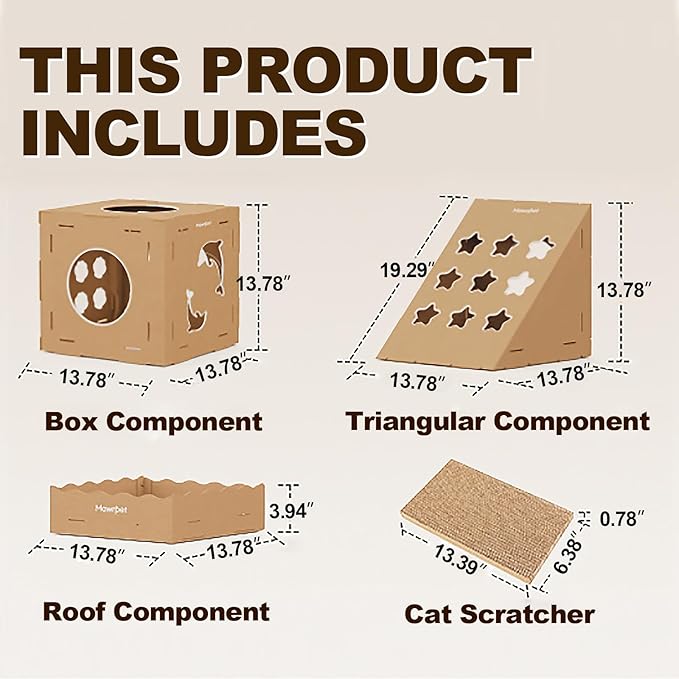 DIY Cardboard Cat House with Scratching Pad, Cat Tower Indoor Play House, Versatile Cardboard Cat Tunnel Box for One or More Pets, Indoor Use Rabbit Hideout Cave Castle Brown, 3 Parts