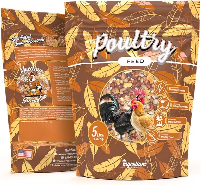 Mycelium Poultry Feed (5 LB Bag) | Organic 3-Grain Scratch for Chickens, Hens, Ducks & Backyard Flocks | High-Energy Daily Nutrition | Cracked Corn, Wheat & Milo | Non-GMO, Made in USA