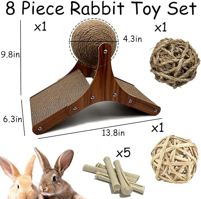 Rabbit Scratching Toys, Sisal Bunny Scratcher Ball and Scratch Cardboard Pad, Pet Enrichment Interactive Toy for Indoor Bunnies Ferrets Chinchillas Small Animals Boredom Breaker