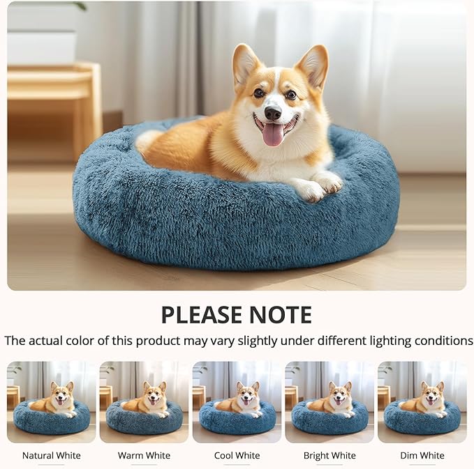 JOLLYVOGUE Calming Dog & Cat Bed for Large Dogs, Anti-Anxiety Donut Cuddler Cozy Soft Round Bed with Anti-Slip Bottom, Fluffy Faux Fur Plush Cushion Beds for Medium Dogs (36")
