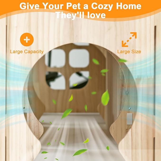 Natural Wooden Rabbit Castle House,Extra Large Bunny Castle for Rabbit Guinea Pig Chinchilla Ferret,Sturdy Bunny House with Stair