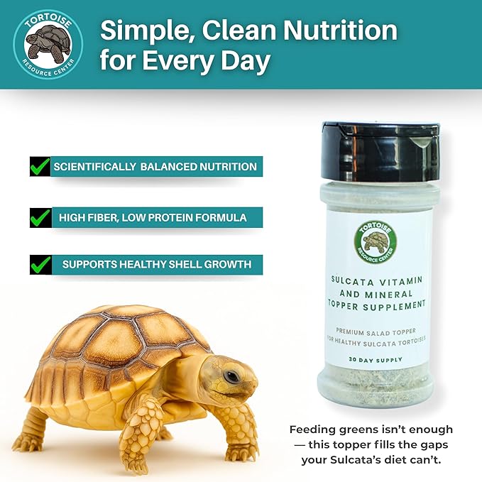 Sulcata Tortoise Calcium, Vitamin and Mineral Topper Supplement | Salad Topper for Baby Sulcata Tortoises | Promotes Health, Immunity and Strong Shell | 30-Day Supply in Easy to Use Shaker