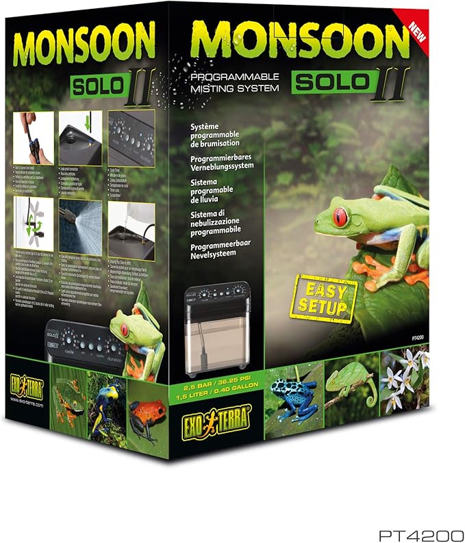 Exo Terra Monsoon Solo II - Programmable Misting System for Reptile Terrariums, Ultimate Humidifier with Multiple Nozzles for Optimal Humidity Control