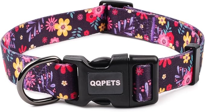 QQPETS Adjustable Soft Dog Collar: Print Flower Pink Multicolor Cute Patterns for XS Small Medium Large Pet Girl Boy Puppy Walking Running Training (XS, Elegant Purple)