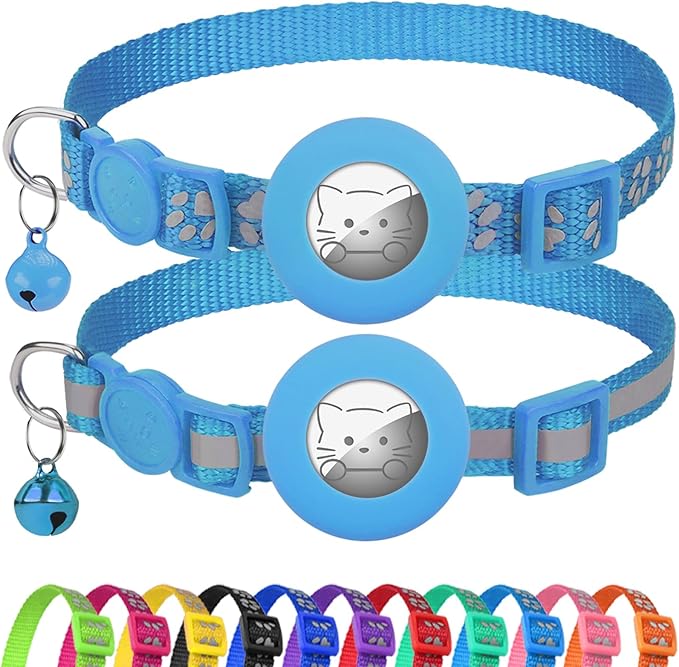 Joytale AirTag Cat Collar 2 Pack with Breakaway Safety Buckle, Reflective Cats Collar with AirTag Holder, Adjustable 7.5-12.5 Inch, Anti-Fraying Lightweight for Girl Boy Kitten, Sky Blue