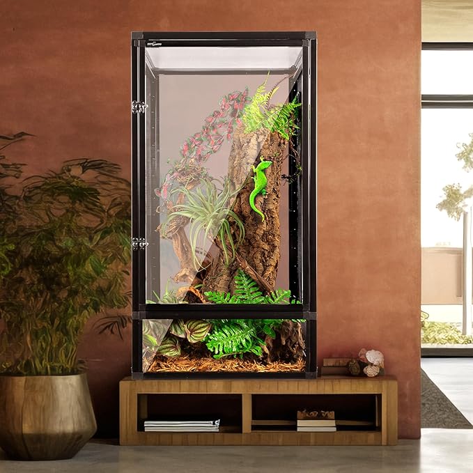 REPTI ZOO 16" x 16" x 30" Front Opening Chameleon Cage with 3-Sided Metal Mesh, 34 Gallon Screen Vertical Terrarium with Background Sticker, Tall Enclosure for Chameleon, Tree Frog, Arboreal Reptiles