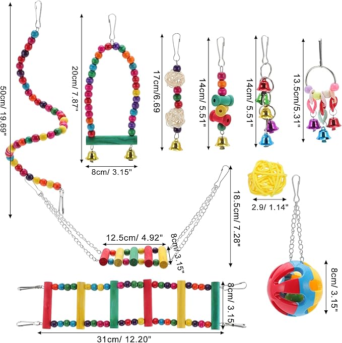 Cockatiel Toys, Bird Parrot Swing, Chewing Toy Set, Pet Birds Toys for Parakeet Conures Finches, 15 Pcs Multifunctional Hanging Bell Climbing Ladders